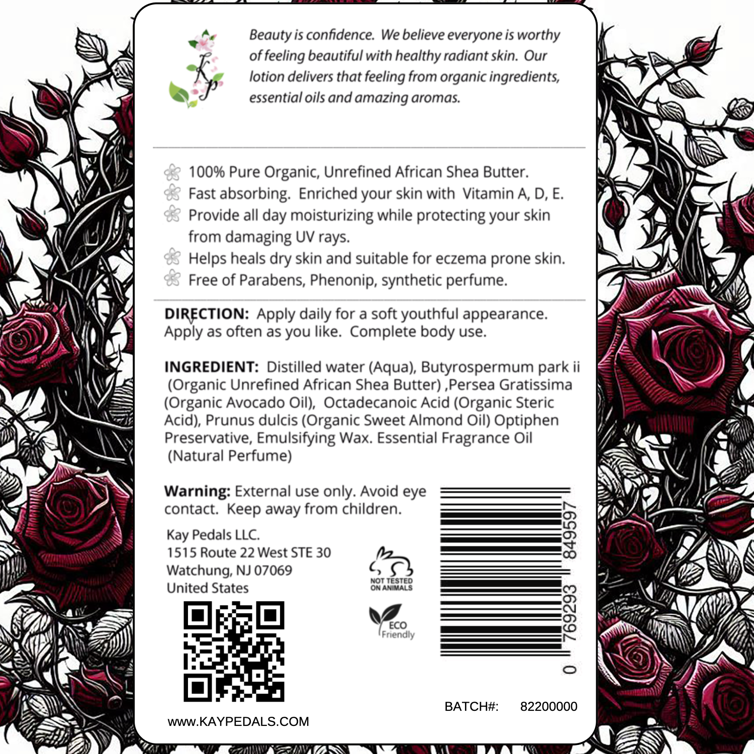 Black Rose Natural Body Lotion With Sensitive Skin Fragrance Oil  | Organic Unrefined African Shea Butter | Organic Sweet Almond Oil | Organic Avocado Oil |